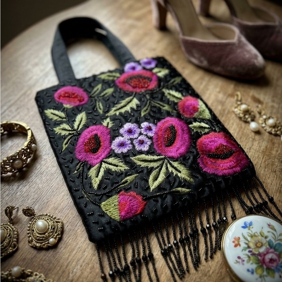 Frankie & Johnnie Handbags - Frankie & Johnnie Embroidered Floral Beaded Fringe Evening Bag - Vintage Style